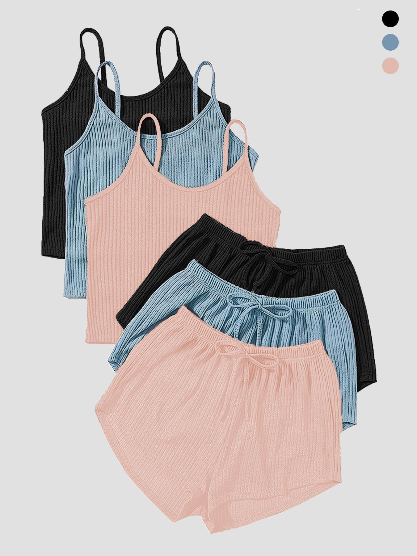 Six-Piece Set Women's Plain Basic Fitted Ribbed Shorts Set, Casual Soft Crop Spaghetti Strap Cami Top & Elastic Waist Shorts Set, Summer Clothes, Summer Outfits Set for Outdoor Holiday, Cute Summer Outfit