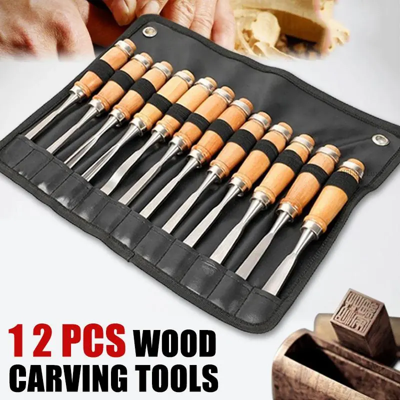 12pcs Professional Wood Carving Chisel Set, Beech Wood Handle With Comfortable Grip - Essential Detail Carving Tools For Woodworking, Hand ToolsH6LaceLure