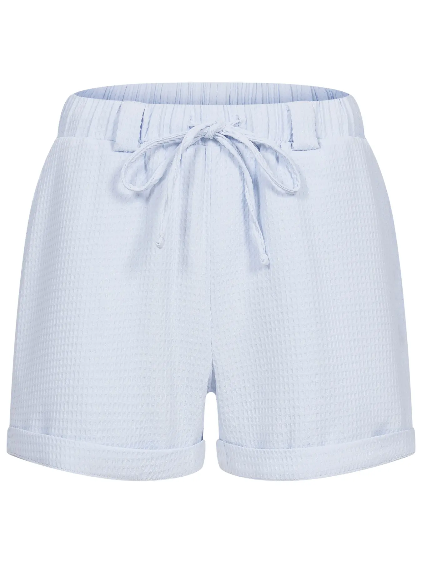 Light Blue Waffle Texture Rolled Hem Casual Shorts, Drawstring Elastic Waist, Breathable All-Seasons, Home & Outwear, Sizes S-Xxl