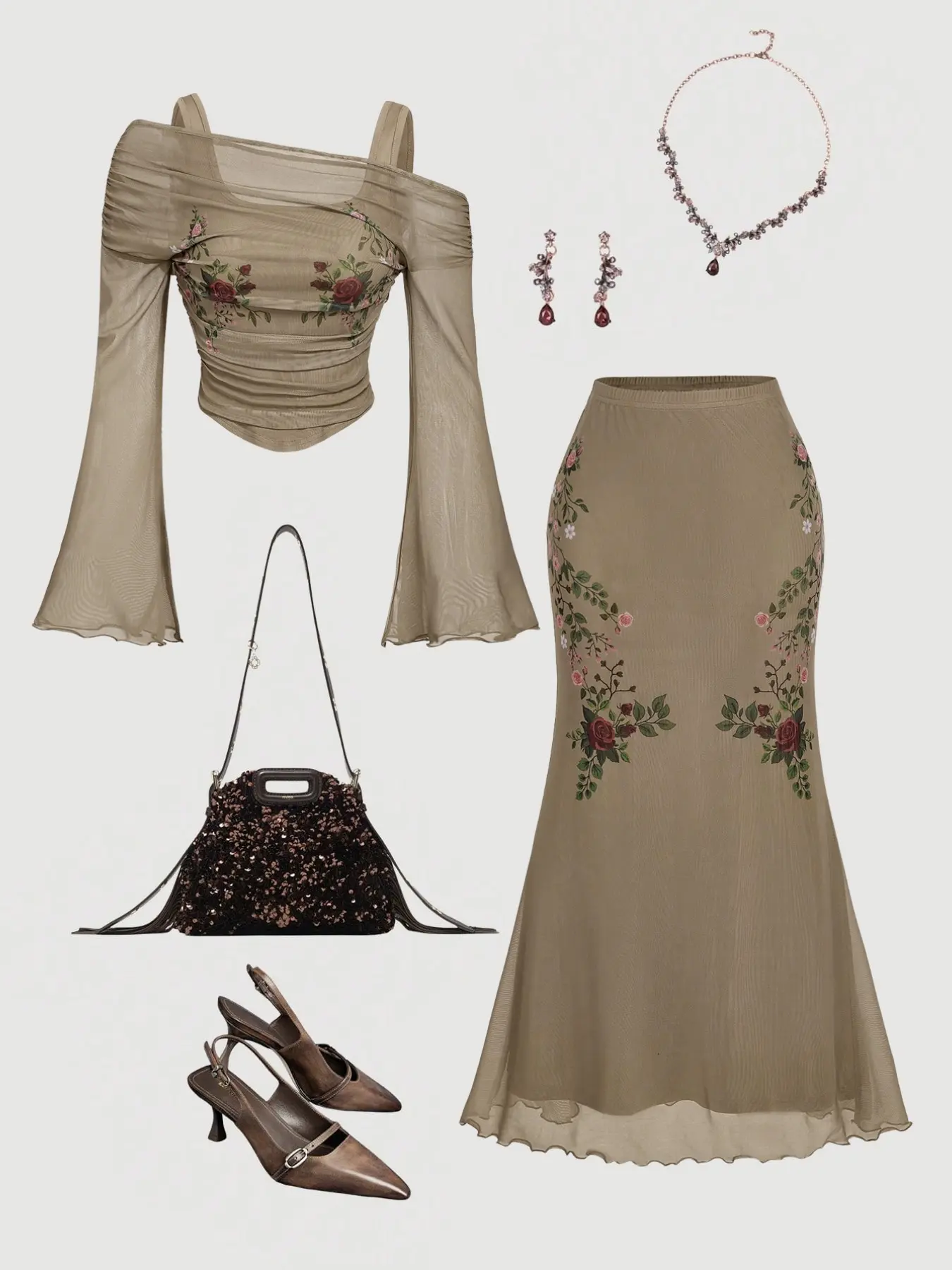 Women's Two-Piece Embroidered Set, Short Top + High-Waisted Fish Tail Skirt, Vintage Slim Fit, Perfect for Dates, Afternoon Tea, Weddings, Coordinate Set Elegant