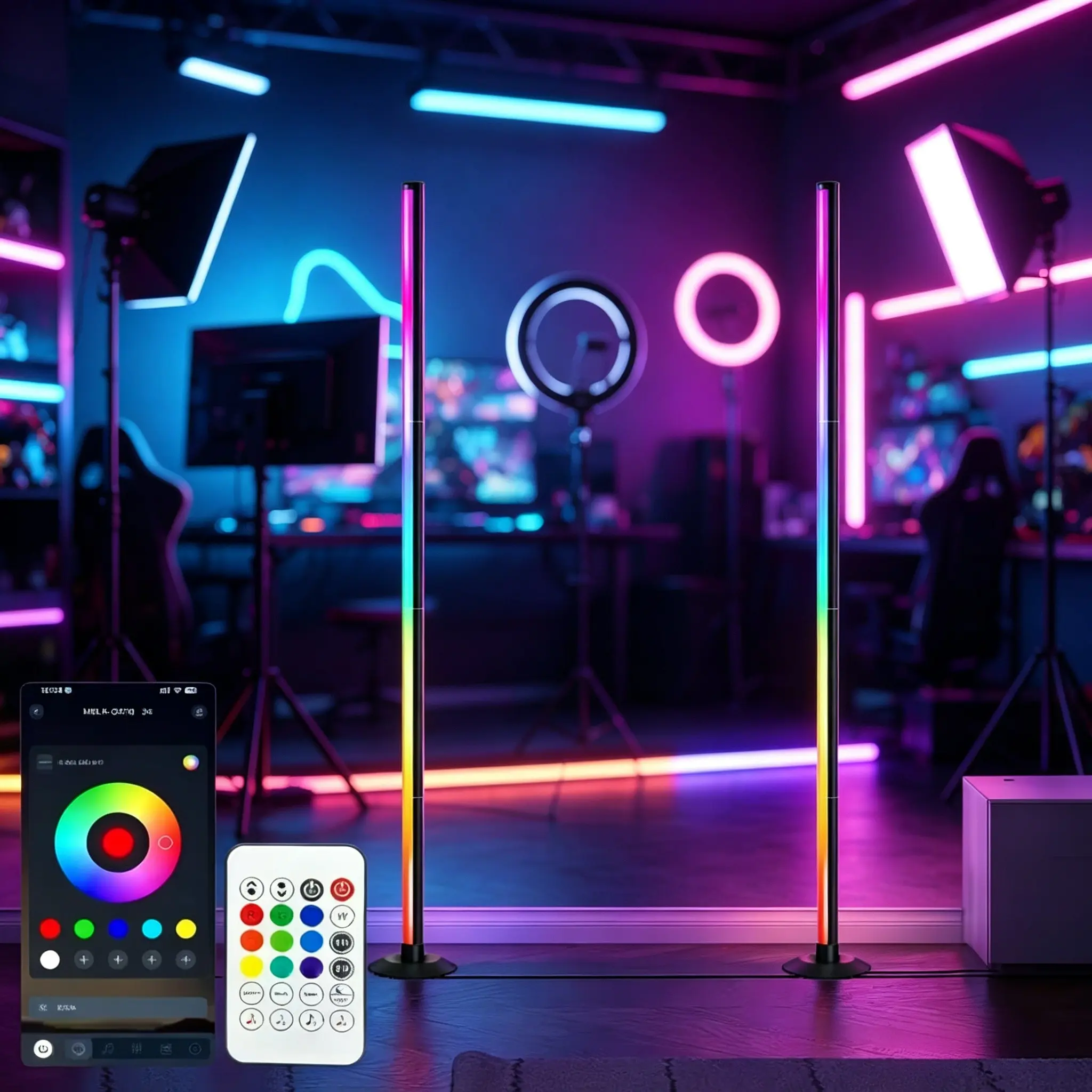 Smart RGB + IC LED floor lamp with remote control and USB power supply, controlled by mobile app,Ambient lights, night lights、 wireless design for home decoration, modern home lighting solution, Halloween decoration, Christmas gift