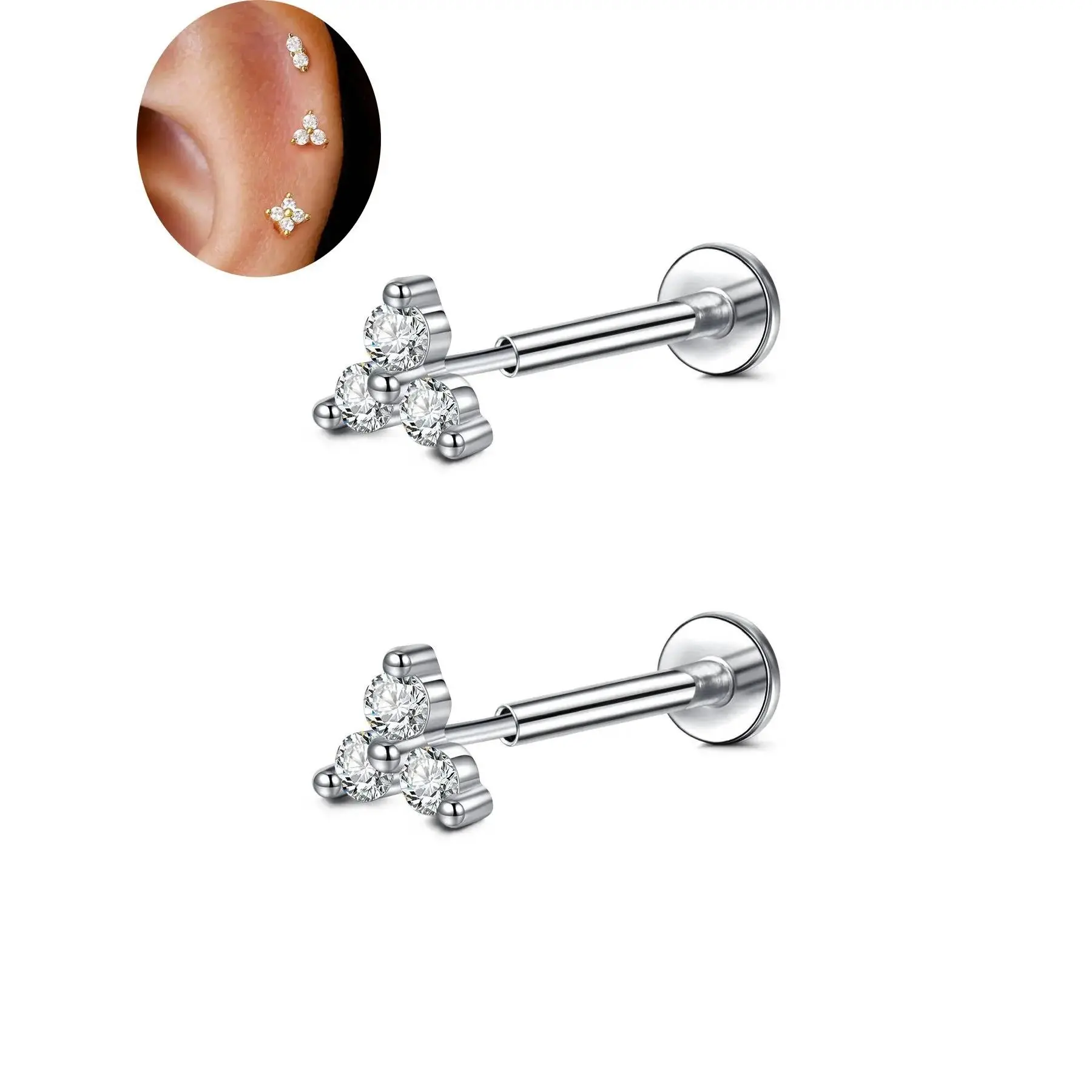 Threadless Flat Back Earring Stud Hypoallergenic Stainless Steel Push Pin Cartilage Earring Helix Tragus Nose Piercing Jewelry for Women 20G Body Piercing Jewelry