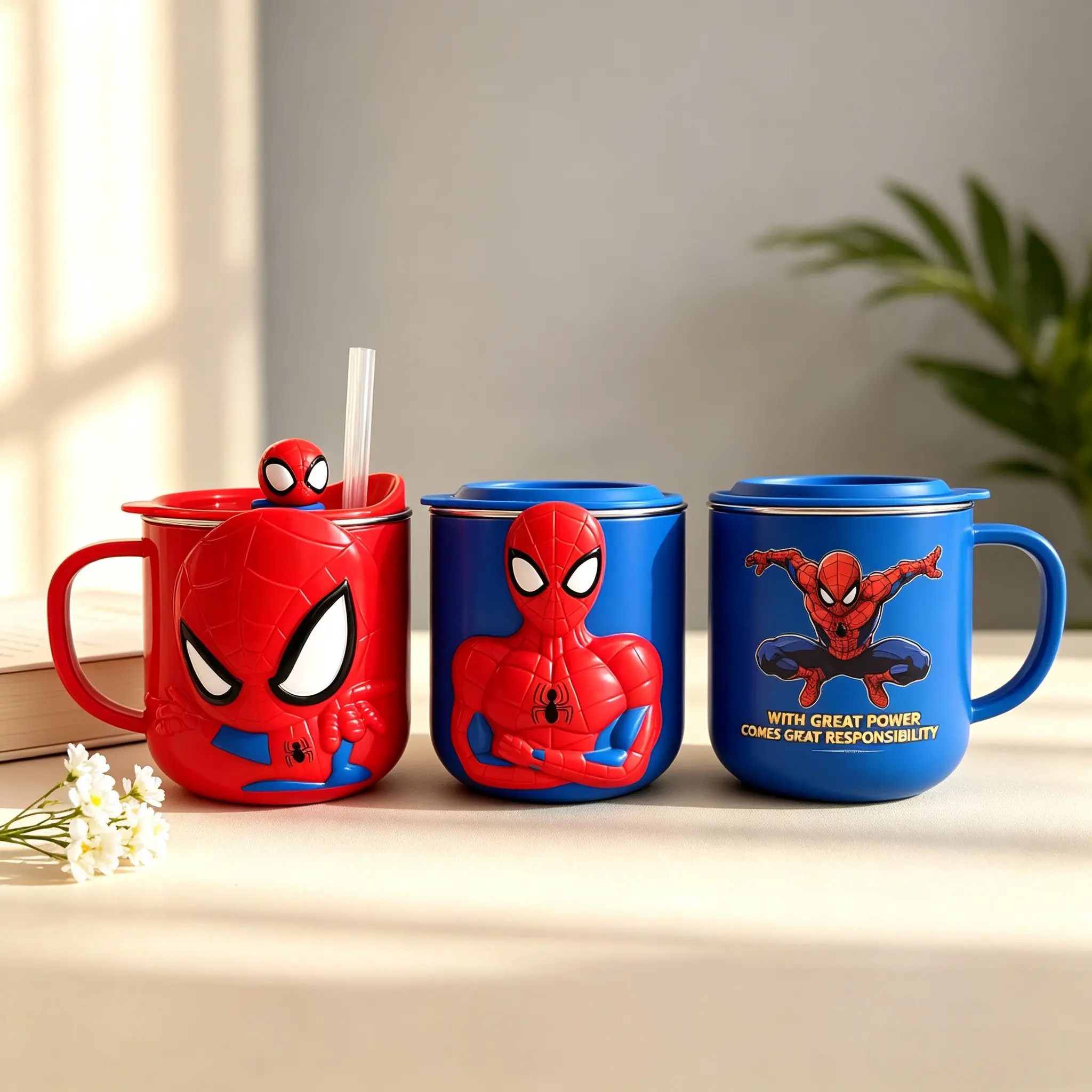 Marvel Official Spider-Man 3D Relief Stainless Steel Mug, Cute Kids Straw Water Bottle, School Supplies, Halloween Christmas Gift