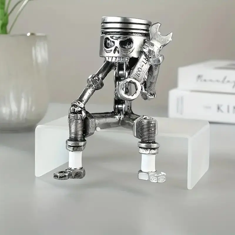 Unique Handmade Resin Wrench Skull Sculpture, Intricate Mechanical Details, Artistic Skull Face Statue, Collectible Statue, Figurines Collectibles, Perfect Gift for Engineers and Car Enthusiasts