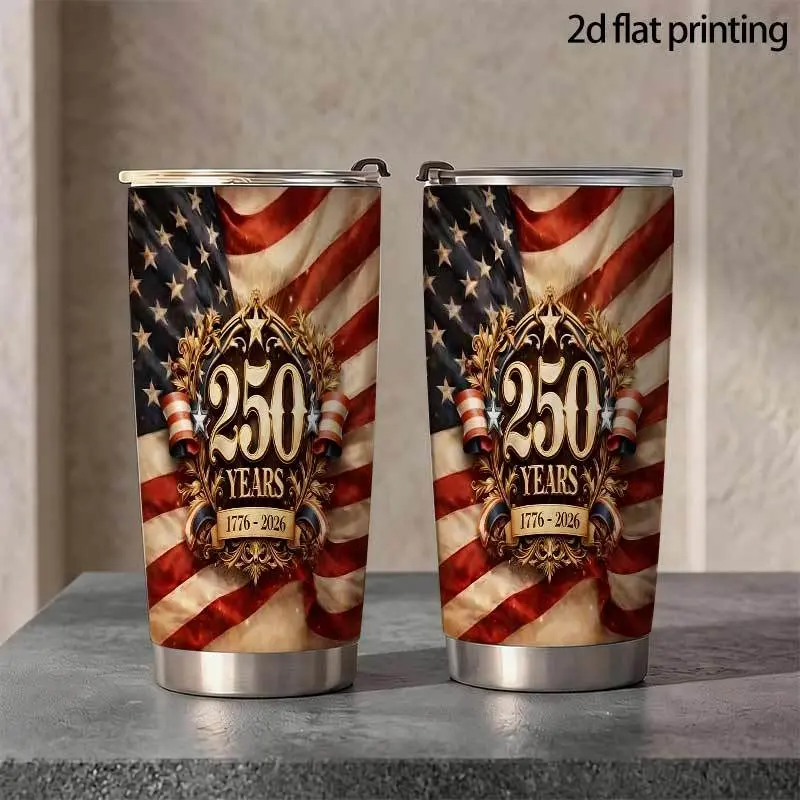 20oz Stainless Steel Thermal Metal Flask - America 250 Years (1776-2026) Portable Patriotic USA 2D Flat Printed Travel Coffee Mug with Lid, Hot Cold Kitchenware Drinkware Gift