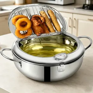 304 Stainless Steel Multi-Purpose Home Electric Fryer with Temperature Control, Oil Drain Lid for Frying Fish, Chicken, French Fries, Universal for Stove & Induction Cooktop, Kitchen Frying Equipment