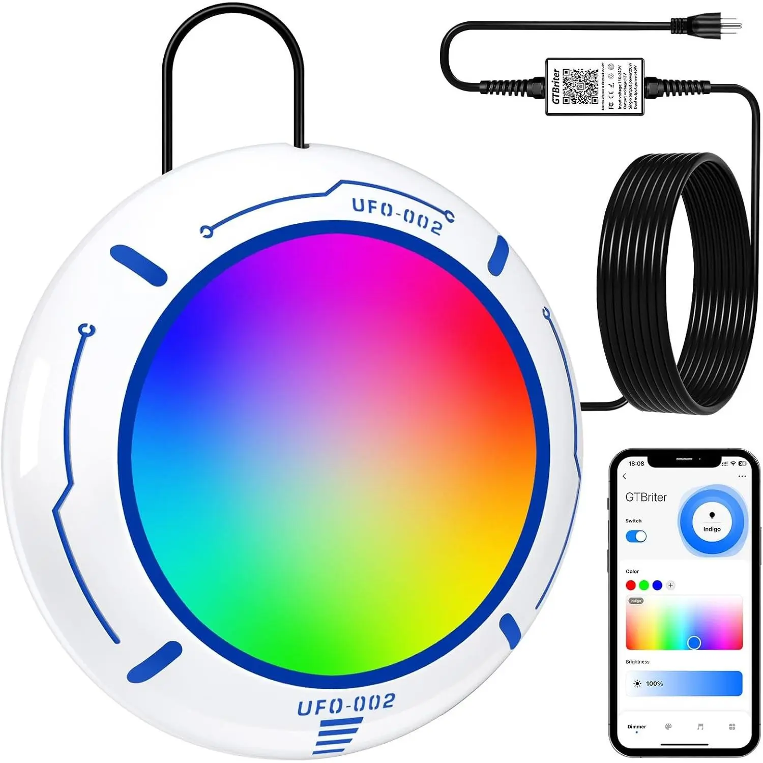 LED Underwater Pool Light - 20W RGB Dimmable, 12V, APP Control, IP68 Waterproof, 28FT Cord, Suction Cups & Built-in Magnets for Above Ground Use, Underwater Use, Inground/Above