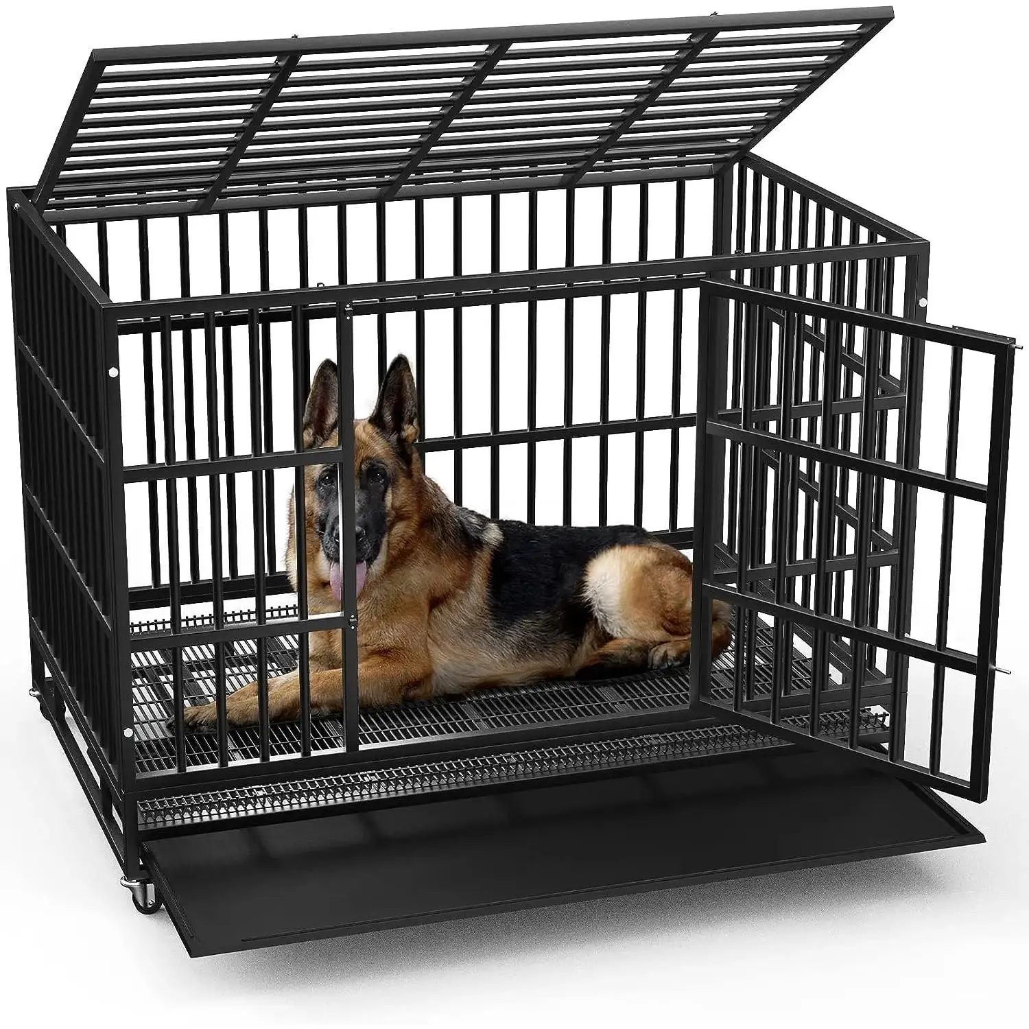 48/38 inch Heavy Duty Indestructible Dog Crate, Escape-Proof Dog Cage Kennel with Lockable Wheels, High Anxiety Double Door, Extra Large Crate Indoor for Large Dog with Removable Tray waterproof roof