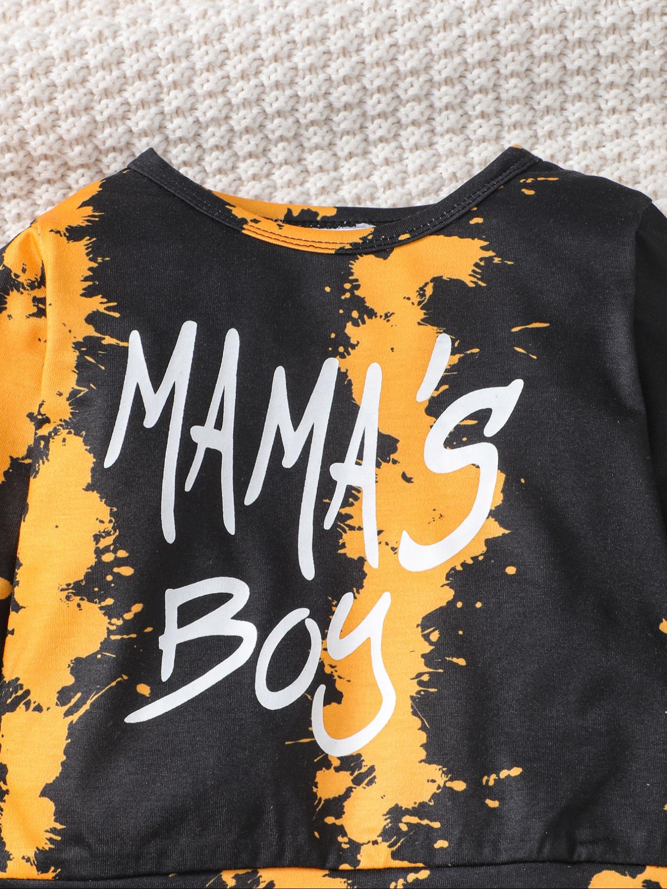 Boys' Tie-Dye Sweatshirt Set with Mama's Boy Print, Long Pants, Casual Fitted Style, Comfortable Spring & Fall, Sweatpants