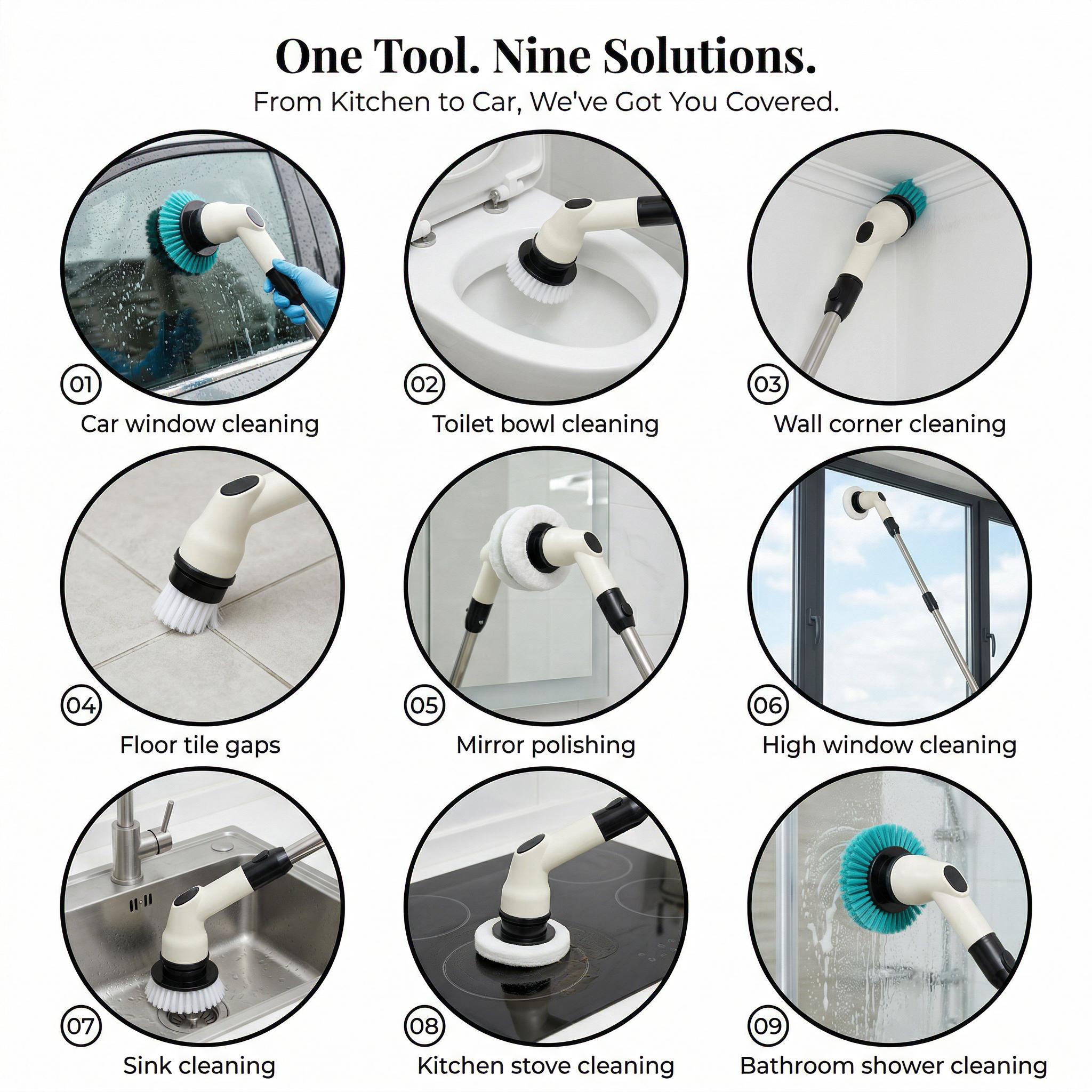 Pro-Series 9-in-1 Electric Spin Scrubber| Ultimate Power Scrubber for Deep Cleaning| IPX7 Waterproof & Cordless| 9 Interchangeable Heads| For Bathroom, Kitchen, Floor & Car