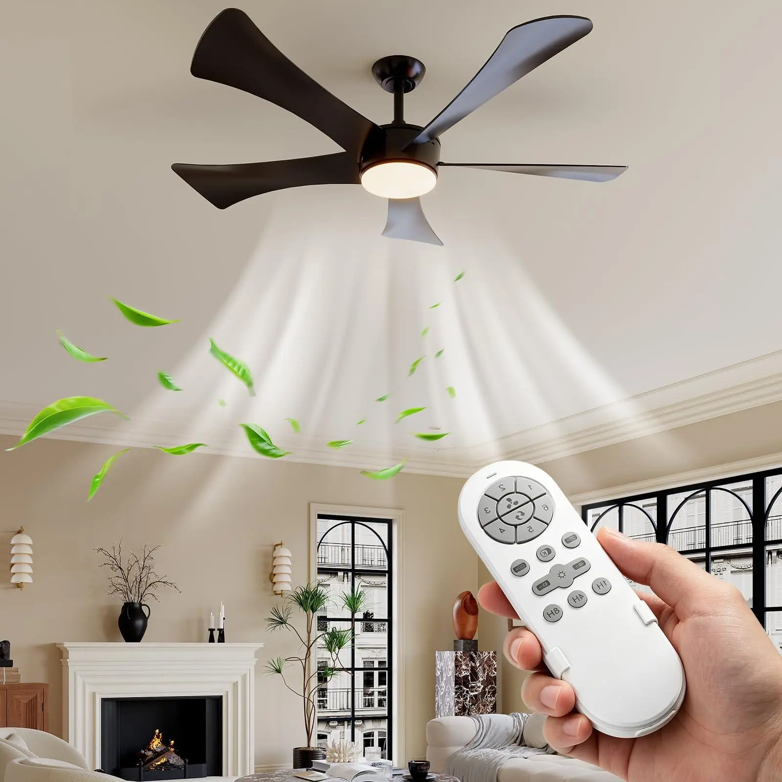 GARVEE Quiet DC Ceiling Fan with Light, 42/52-Inch Flush Mount Ceiling Fan, 6-Speed Reversible Motor with Remote Control, 24W Dimmable 3CCT LED Light, Black ABS Blades, 120V