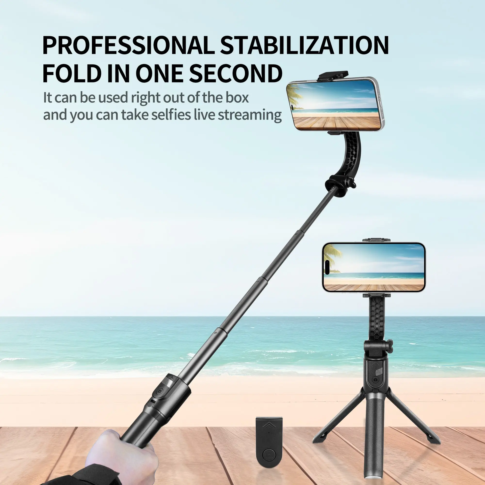 AR Smart Anti-Shake Selfie Stick with 360-Degree Rotation, Single-Axis Stabilizer, and Aluminum Alloy Tripod