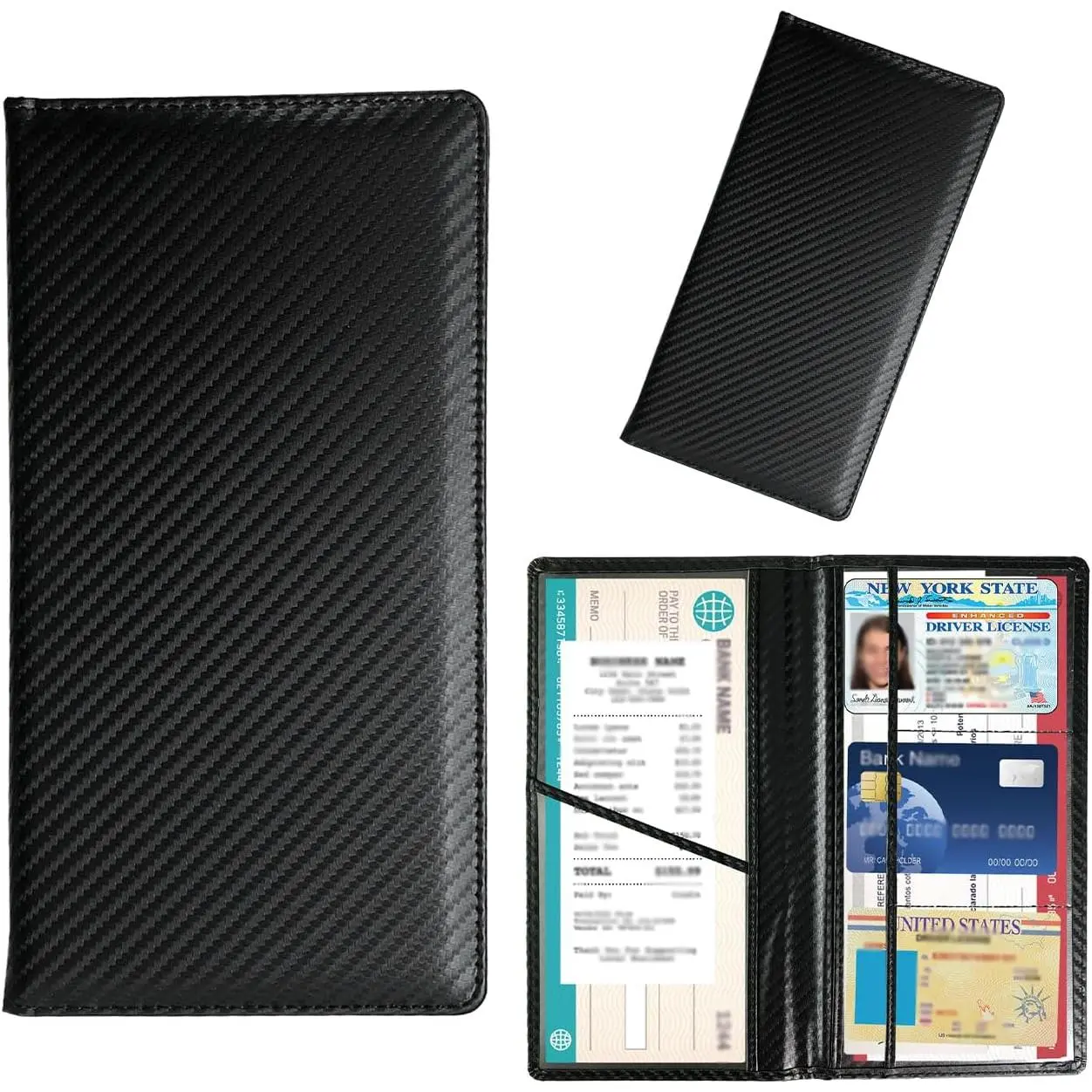 Car Registration and Insurance Card Holder, Leather Auto License Document Glove Box Compartment Organizer, Vehicle Wallet Case for Driver License, ID Card (Black Carbon Fiber)