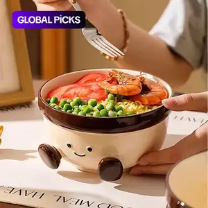 Cute Ceramic Noodle Bowl, Underglaze Color Design, Large Capacity Salad Bowl, Ceramic Pasta Bowls, High Aesthetic Home Use, Ideal for Dorm Students