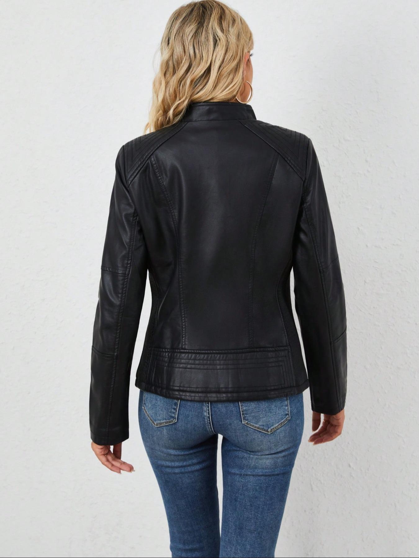 Women's Spring PU Motorcycle Jacket, Fitted Long Sleeve Zipper Pocket Commuter Streetwear, Casual Short Windproof Leather Coat