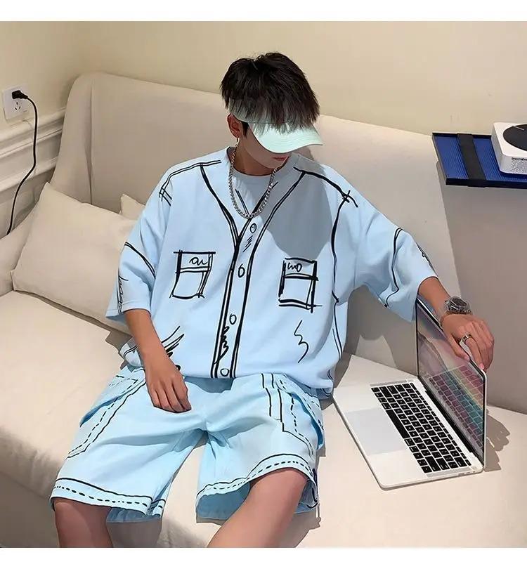 Summer Elegant Fashion Harajuku Slim Fit Ropa Hombre Loose Casual All Match Sports Suit Ice Shreds Short Sleeve Two Piece Set