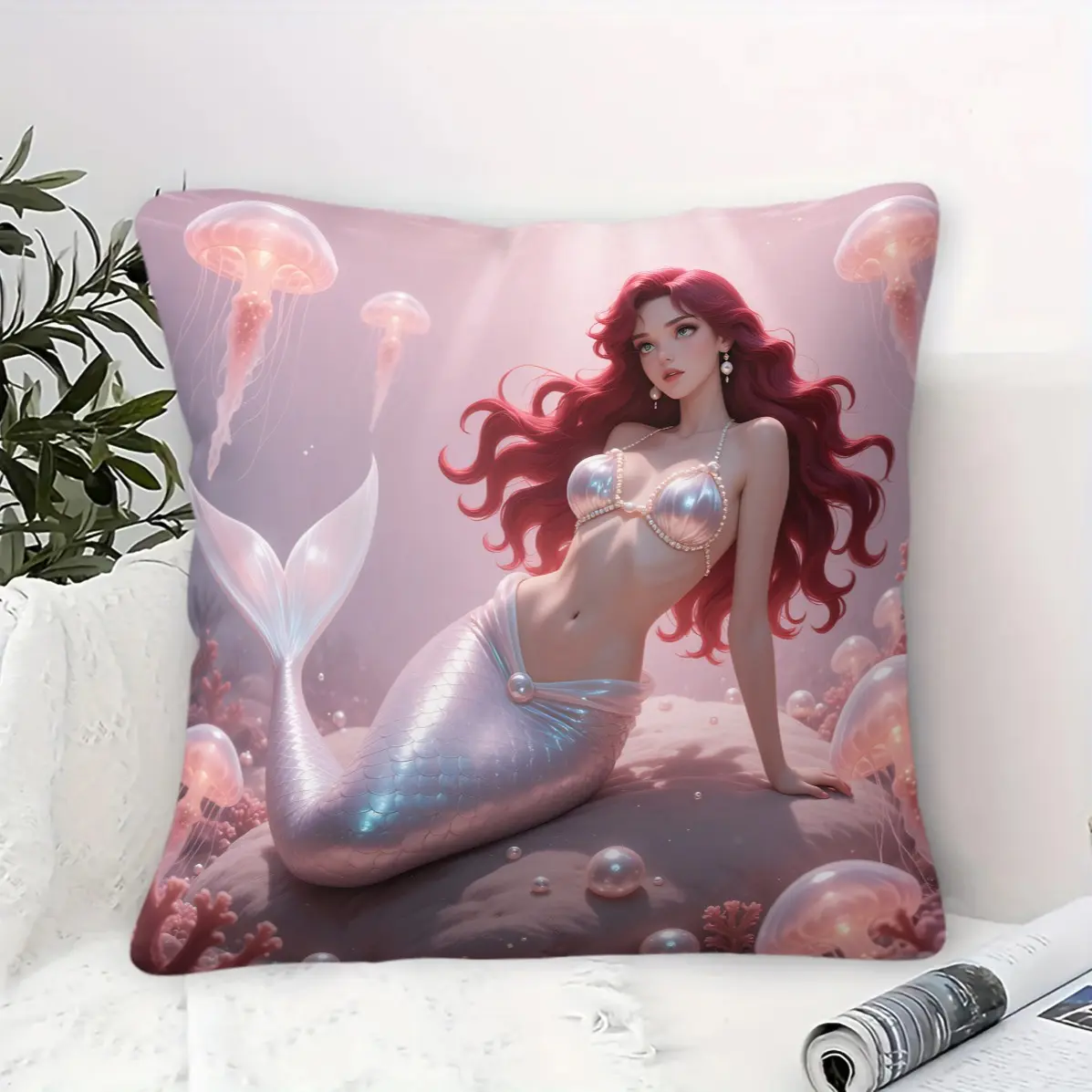 45x45cmOcean Mermaid Art Illustration Pillow, Machine Washable, Trendy Print, Plump Soft Filling, Decor Cushion for Living Room Bedroom Home Sofa (Insert Included)
