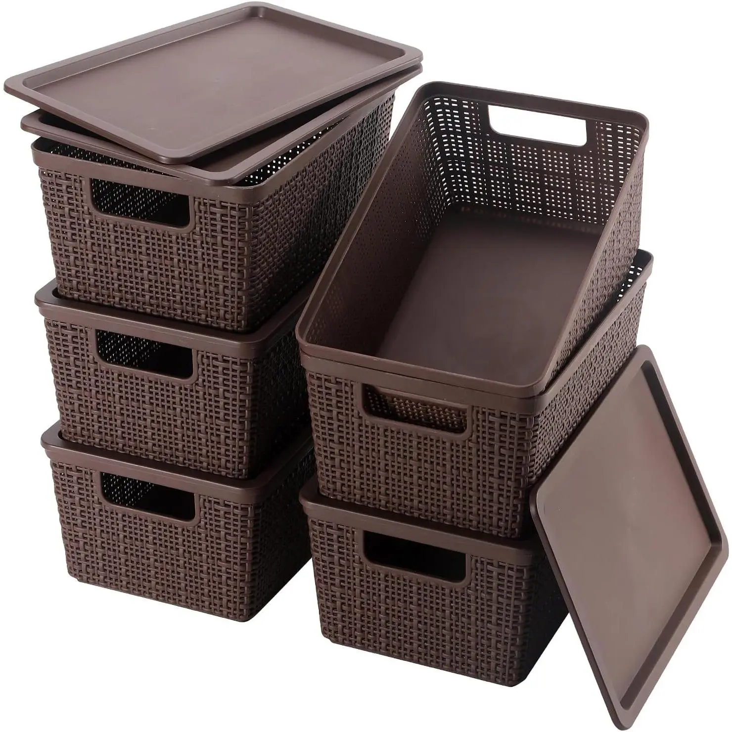 6 Pack Brown Plastic Storage Baskets with Lids - Breathable Stackable Household Organiser Bins for Shelf, Drawer, Kitchen, Desktop Organization