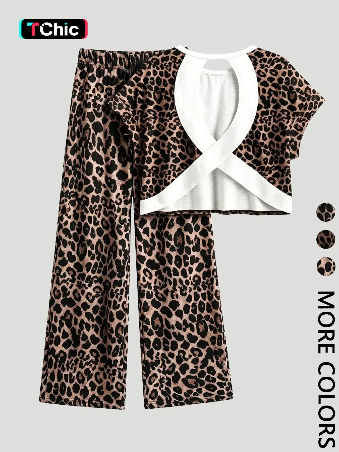 Women's Leopard Print Casual Loungewear Pajamas Two-Piece Set, Round Neck Short Sleeve Backless Top & Lounge Long Pants, Comfortable Wear