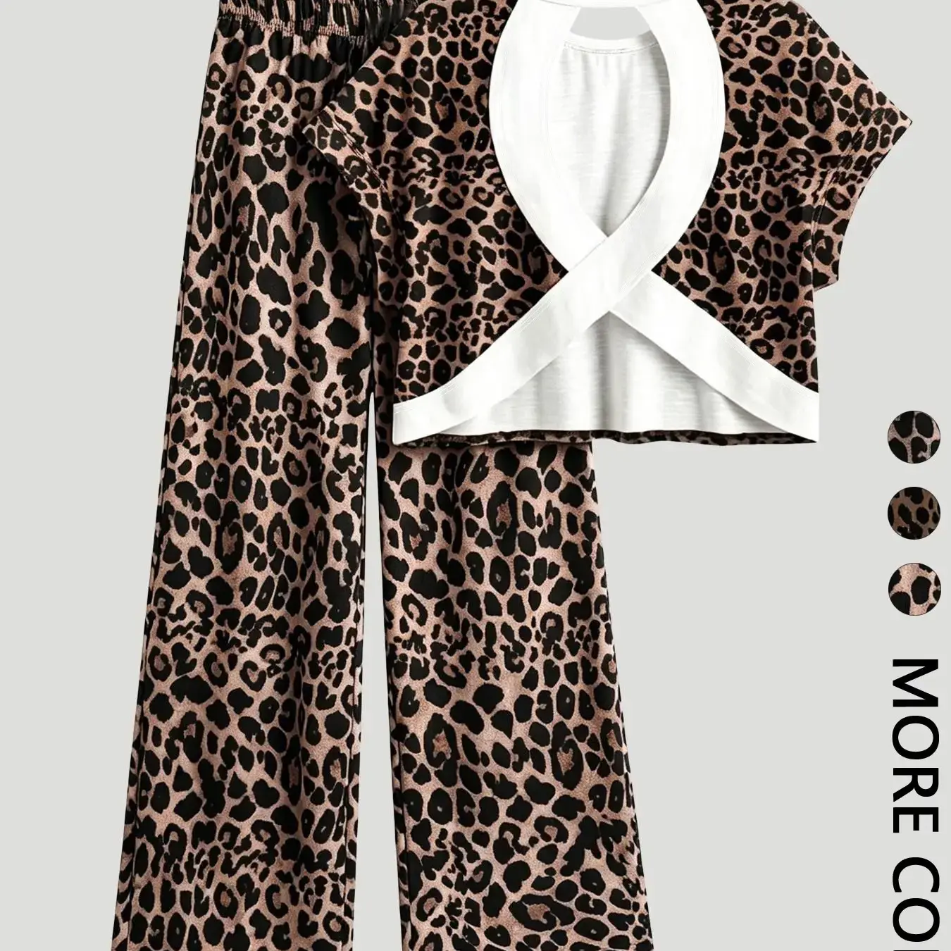 Women's Leopard Print Casual Loungewear Homewear Pajamas Two-Piece Set, Round Neck Short Sleeve Backless Top & Lounge Long Pants, Comfortable Wear, Casual Loungewear Sleepwear Women's Leopard Print Casual Loungewear Homewear Pajamas Two-Piece Set, Round Neck Short Sleeve Backless Top & Lounge Long Pants, Comfortable Wear, Casual Loungewear Sleepwear