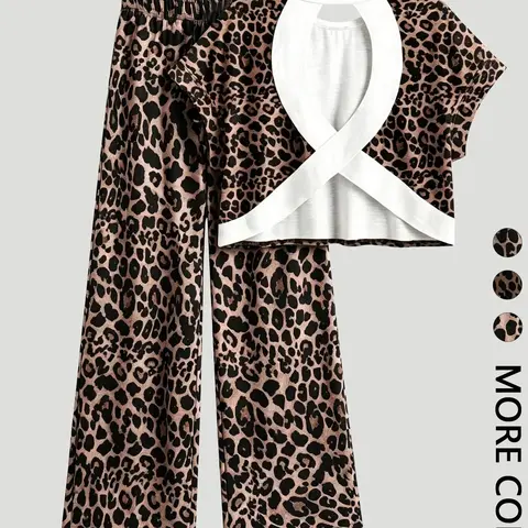 Women's Leopard Print Casual Loungewear Homewear Pajamas Two-Piece Set, Round Neck Short Sleeve Backless Top & Lounge Long Pants, Comfortable Wear, Casual Loungewear Sleepwear