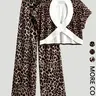Women's Leopard Print Casual Loungewear Homewear Pajamas Two-Piece Set, Round Neck Short Sleeve Backless Top & Lounge Long Pants, Comfortable Wear, Casual Loungewear Sleepwear