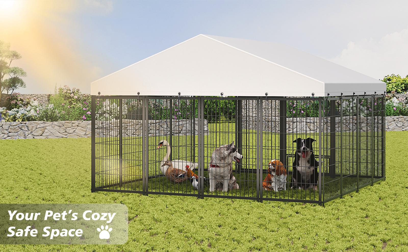 [Bellemave]Large Dog Kennel Outdoor Pet Pens Dogs Run Enclosure Animal Hutch Metal Coop Fence with Roof Cover.9.62'L x 9.35'W x 6.18'H.