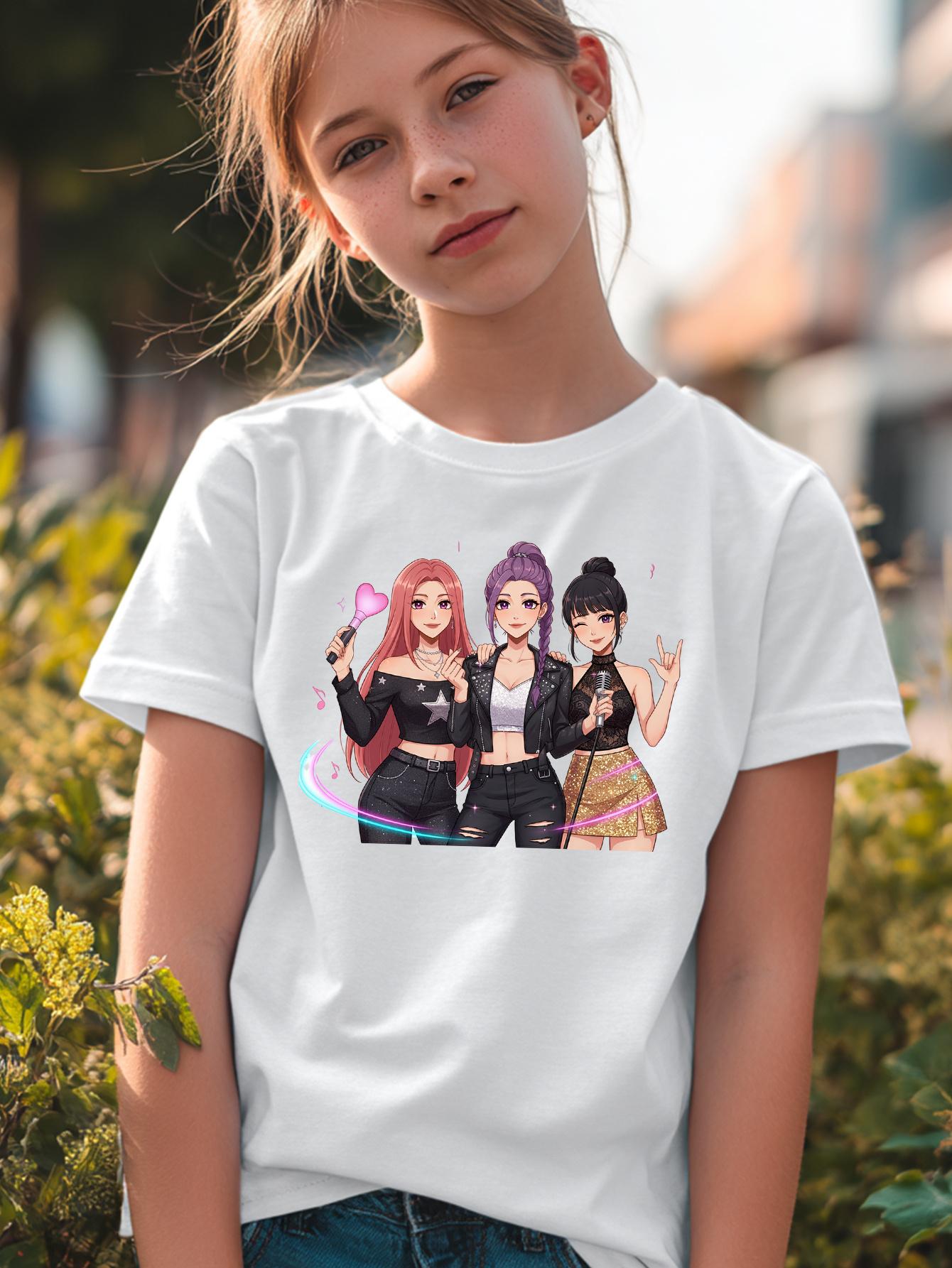 Girls' Fashion Random Print T-Shirt, Comfortable and Soft for Spring/Summer, Party and Spring/Summer T-Shirt, Vacation Holiday Gift, Fun Design, Soft Fabric T-Shirt