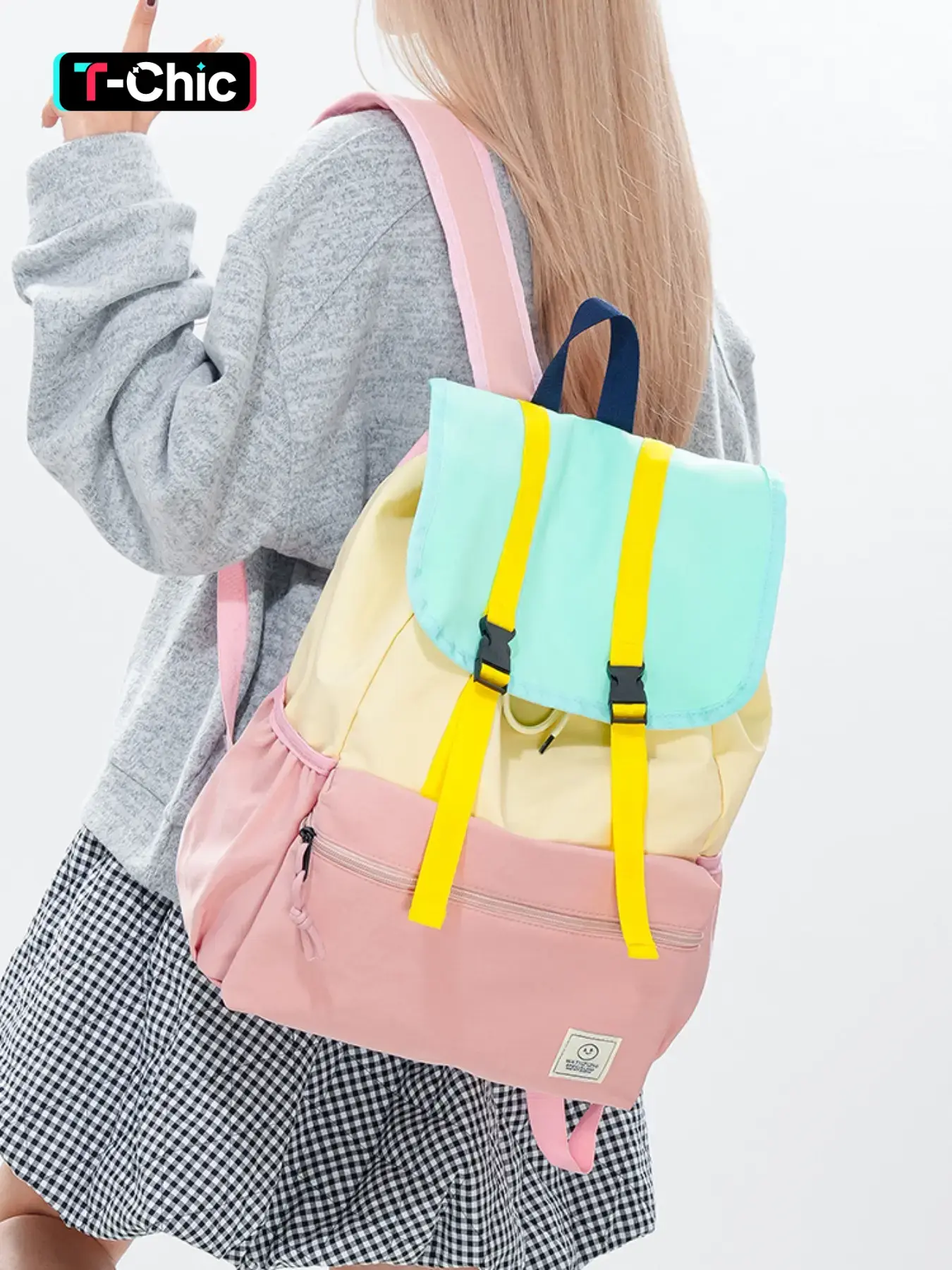 Macaron Color Block Flap Casual Lightweight Backpack Daypack School Backpacks with Yellow Buckle Design Large Capacity Student Schoolbag for Casual Commute Travel