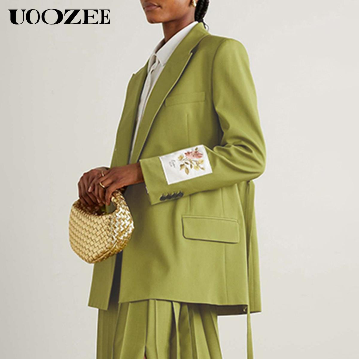 UOOZEE Women's 2025  (Only Top) Trendy Stylish Green Blazer Jacket, New Fashion Spring Autumn Winter Loose Clothing Luxury Blazers, Streamer Floral Embroidered Long Sleeves Lapel Blazer(Women with Broad Shoulders Can Order One Size Larger) SpringStatement
