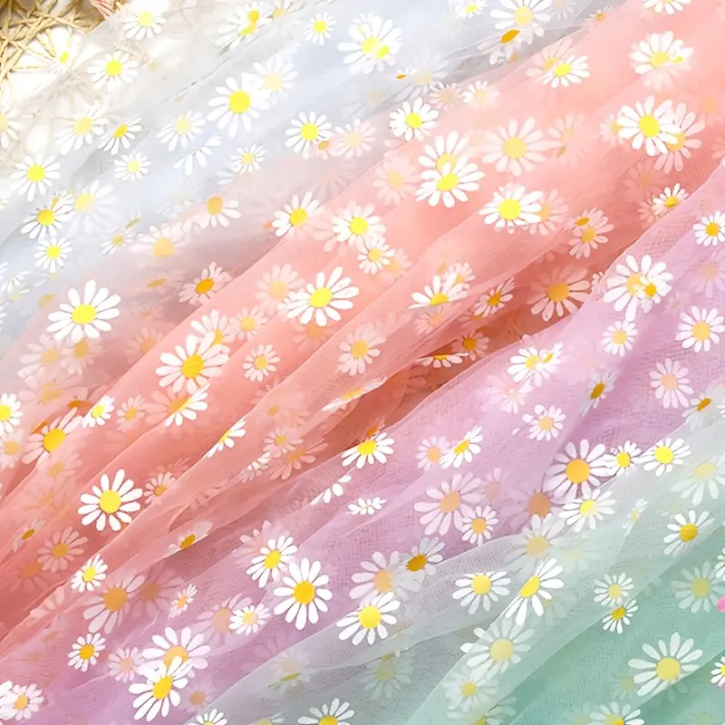 1pc of Small Daisy Gauze Fabric with a Rustic Floral Print, Suitable for Veils, Hair Bow Making, Backdrop Photography Props, Wedding and Holiday Valentine's Day Decorations, as Well as Tablecloths and Clothing Accessories