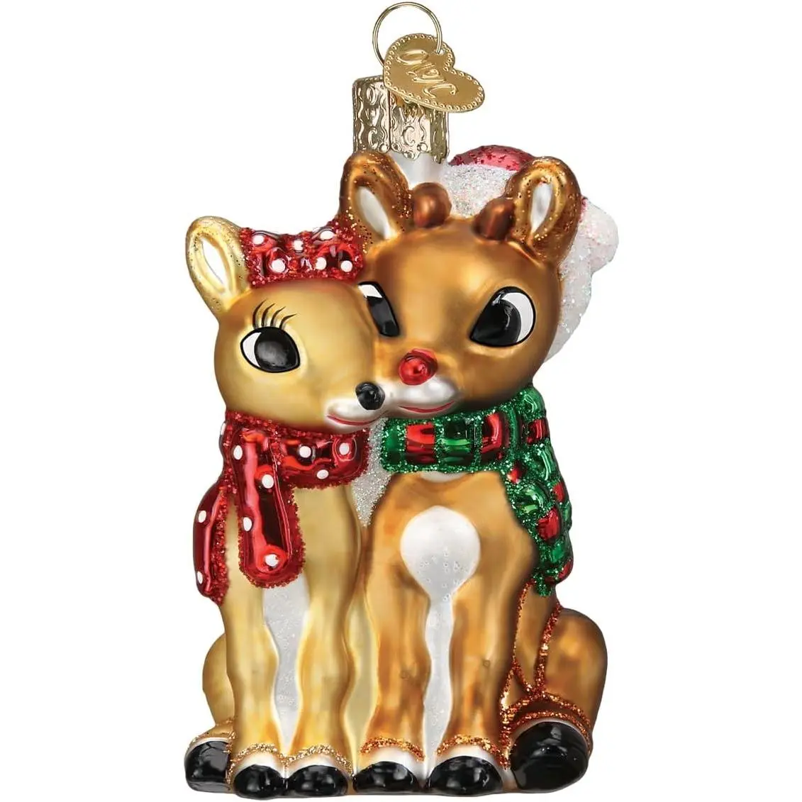 Rudolph and Clarice Glass Blown Ornament for Christmas Tree, Handcrafted Holiday Decoration, Rudolph Collection
