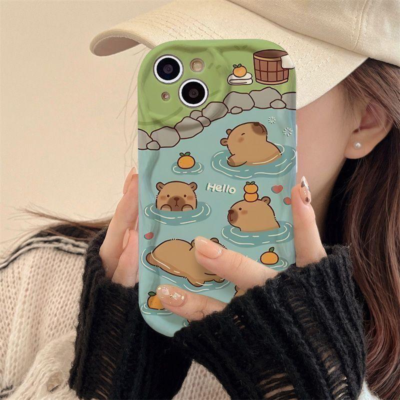Full-screen bath capybara Pattern Case for iPhone 16 15 14 Pro Max 13 12 11 XR XS Plus Shockproof Full Camera Protection Durable slim Silicone Cover
