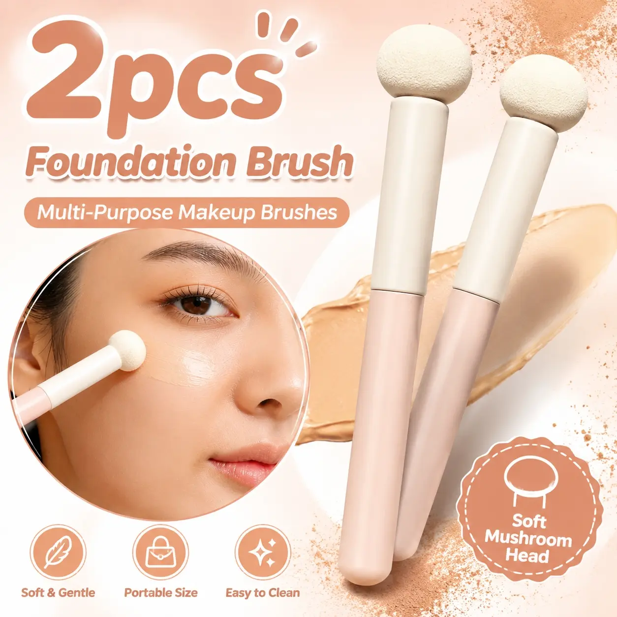 2pcs Soft Mushroom Foundation Brush Multi-Functional Concealer Brush Set, Portable Makeup Brush, Sponge Head