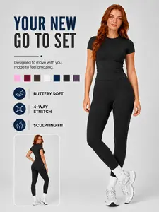 Women's 2 Piece Solid Color Crew Neck Short Sleeve Top and Pants Yoga Set Four Way Stretch Soft Comfortable Breathable Cooling High Waist Butt Lifting Tummy Control Workout Set for Gym Pilates Outdoor Running Cycling, Activewear Running Outfits