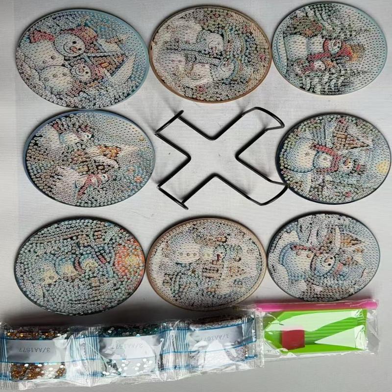 Snowman Cartoon Diamond Art Coasters With Display Holder, Diy Round Painting Craft Kit For Home Table Decor, Colorful Anti‑Slip Drink Coasters With Heat Insulation For Daily Use