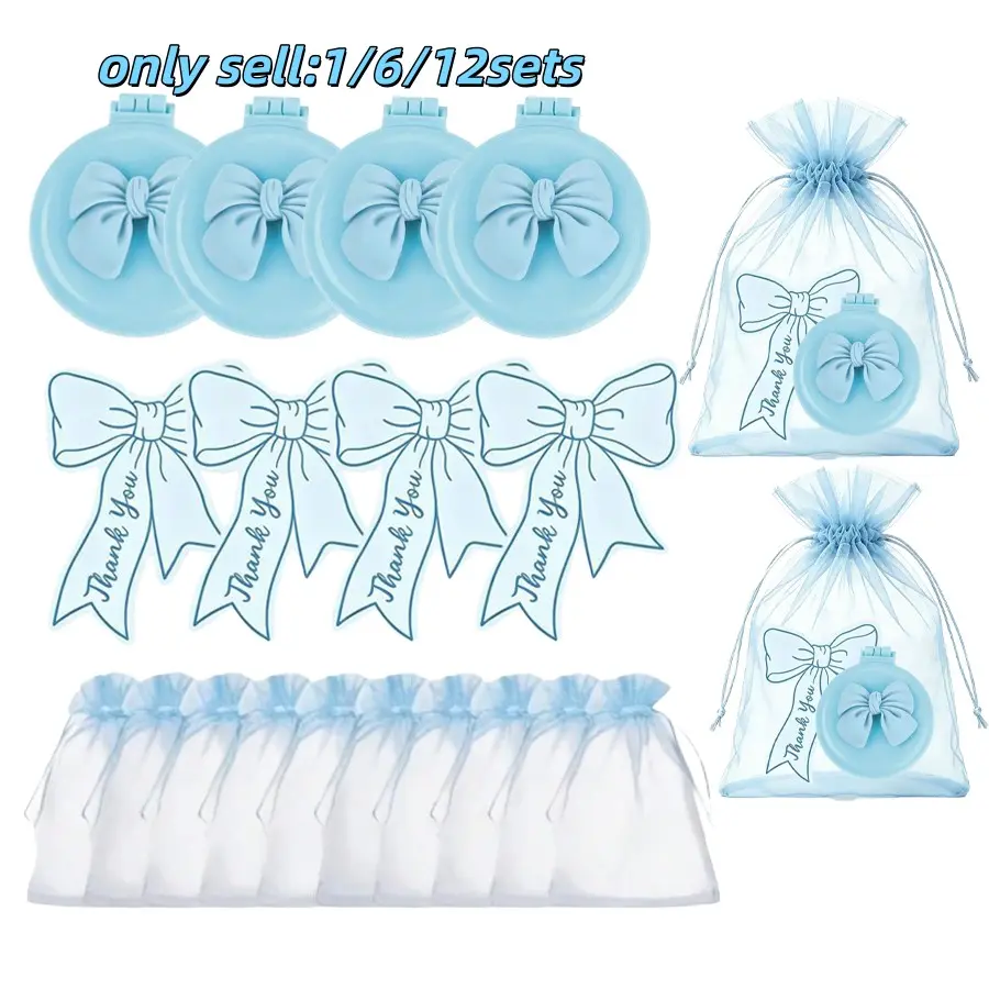 Blue Bow Party Gift Set, Blue Bow Folding Mirror, Mini Travel Comb, Satin Hairband, Organza Bag, Perfect for Girl Parties