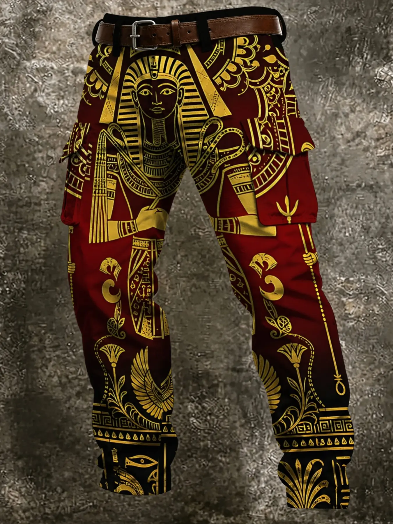 Classical Civilization Gold Print Workwear Pants, Multi-Layer Large Capacity Side Pockets, Ancient Egyptian Totem Full Print, Vintage Travel Long Pants