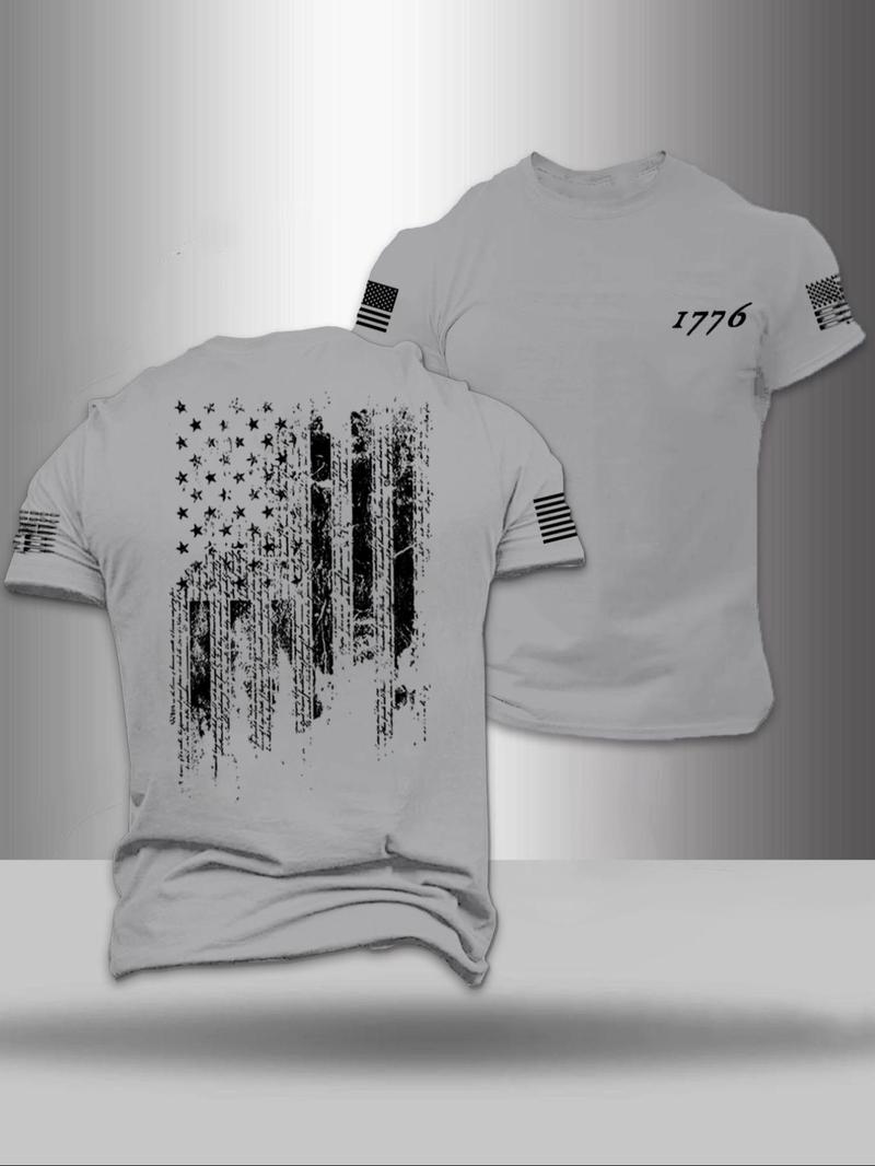 Men's American Flag Print Round Neck Tee, Regular Fit Casual Short Sleeve Crew Neck T-Shirt for Summer, Fashion Men's Top for Daily Wear