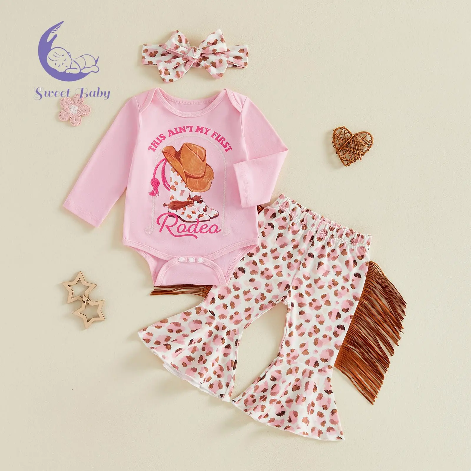 Baby Cowboy-Cowgirl Gift Set - Cotton Blend Print Romper, Flared Pants, Cowboy Boots, Cowgirl Hat, Headband, Cowboy Set