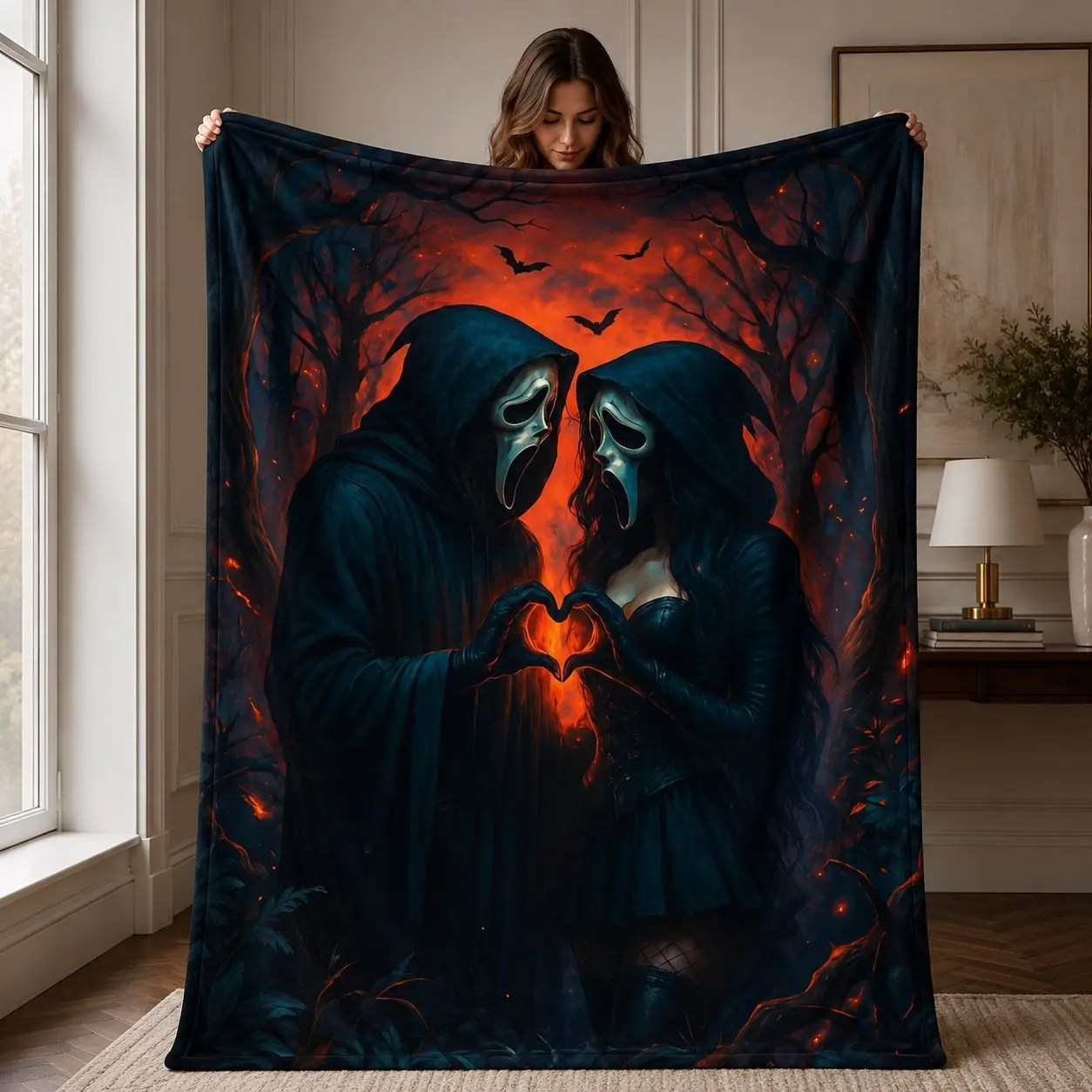 Gothic Horror Face Print Flannel Blanket, Soft and Warm, Ideal for Sofa, Bedroom, Office, Outdoor Camping, Halloween Gift, Cozy Blankets and Throws