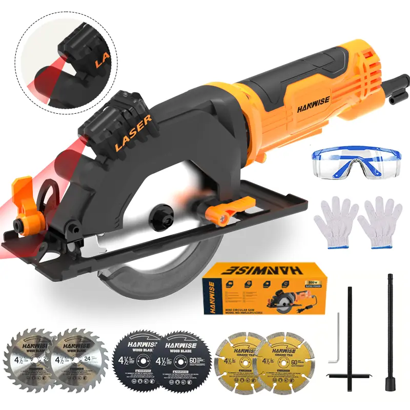 HANWISE Compact Corded Circular Saw with Laser Guide electric circular saw with 6 blades, suitable for DIY and wood cutting