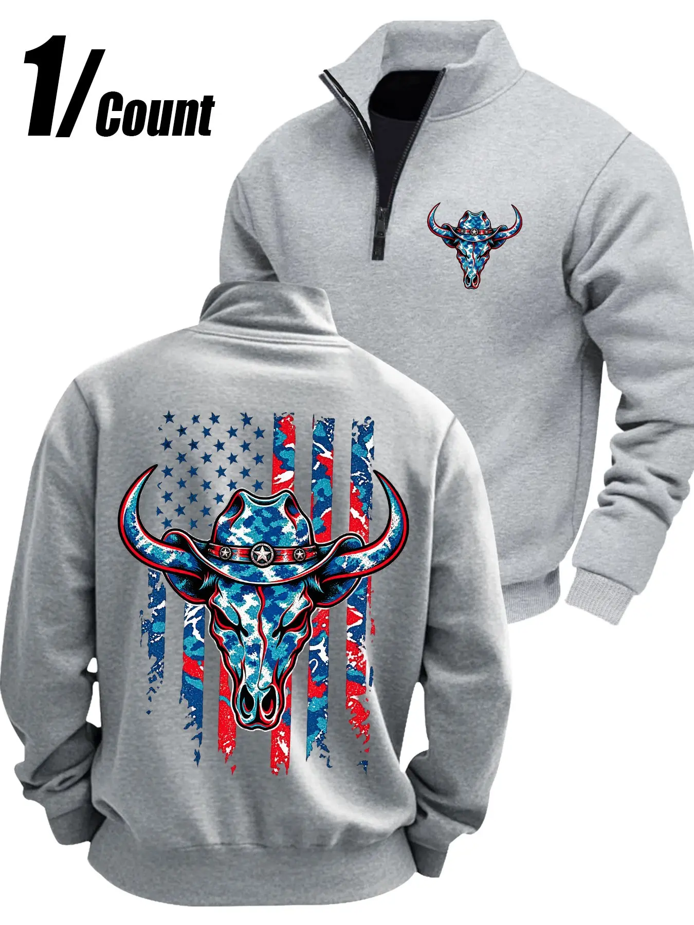 Men's quarter-zip stand collar sweatshirt pullover with longhorn skull and American flag inspired graphic print, western country style top for daily casual wear Patriotic American Sweatshirt