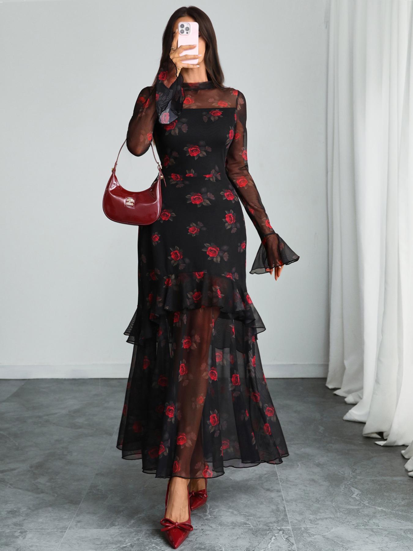 Women's Floral-Print Fitted Dress, Elegant Feminine Vintage Gothic Aesthetic Flared Long Sleeve Dress for Party Holiday Wedding Guest, Ladies' Clothes for All Seasons, Elegance, Garden Formal Dresses for Wedding Guest