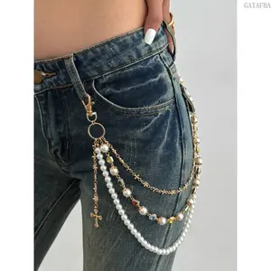Women's Vintage Unisex All-Seasons Casual Rhinestone Pearl Waist Chain - Adjustable Cross Pants Decorative Chain, Dainty Bling Body Accessory for Daily Street Outfit