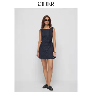 Cider Stripe Boat Neck Asymmetrical Ruched A-line Mini Shift Dress
