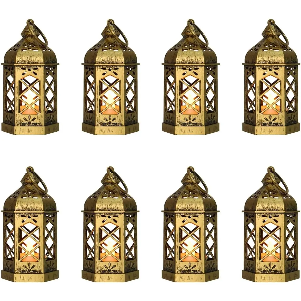 8-Pack Mini Lanterns with Flickering LED Candles for Ramadan, Small Decorative Hanging Lanterns for Halloween, Christmas, Wedding, Gold Lantern for Table Centerpiece, Garden Party Decor