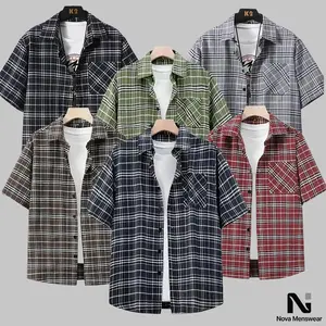 Men's Casual Checked Shirt, Stylish Short Sleeve Loose Fit Button Down Streetwear with Chest Pocket, Lightweight for Summer