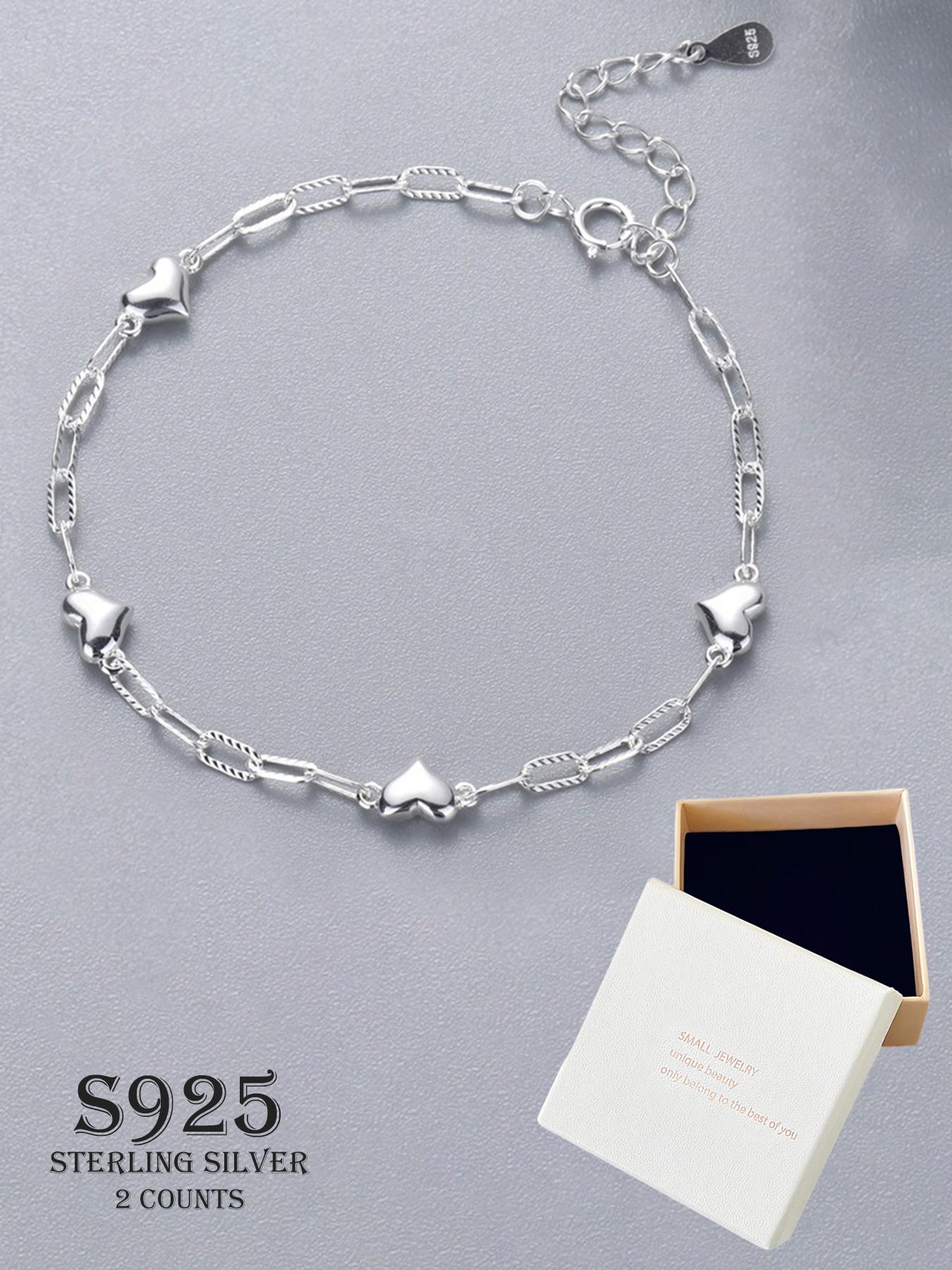 S925 Sterling Silver Simple Heart Design Chain Bracelet, Valentine's Gifts for Her, Silver Jewelry, Fashion Jewelry for Party, Daily Decor, Trendy All-match & Exquisite Jewelry for Birthday Gift, Gift Ready, Heart Shaped Bracelet, Heart Charm Bracelet