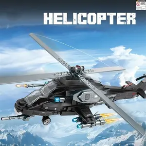 Large Armed Helicopter Building Block Model, Moveable Rotor, Quick Release Gantry, Landing Pad, Repair Bench, Kids Educational Toy